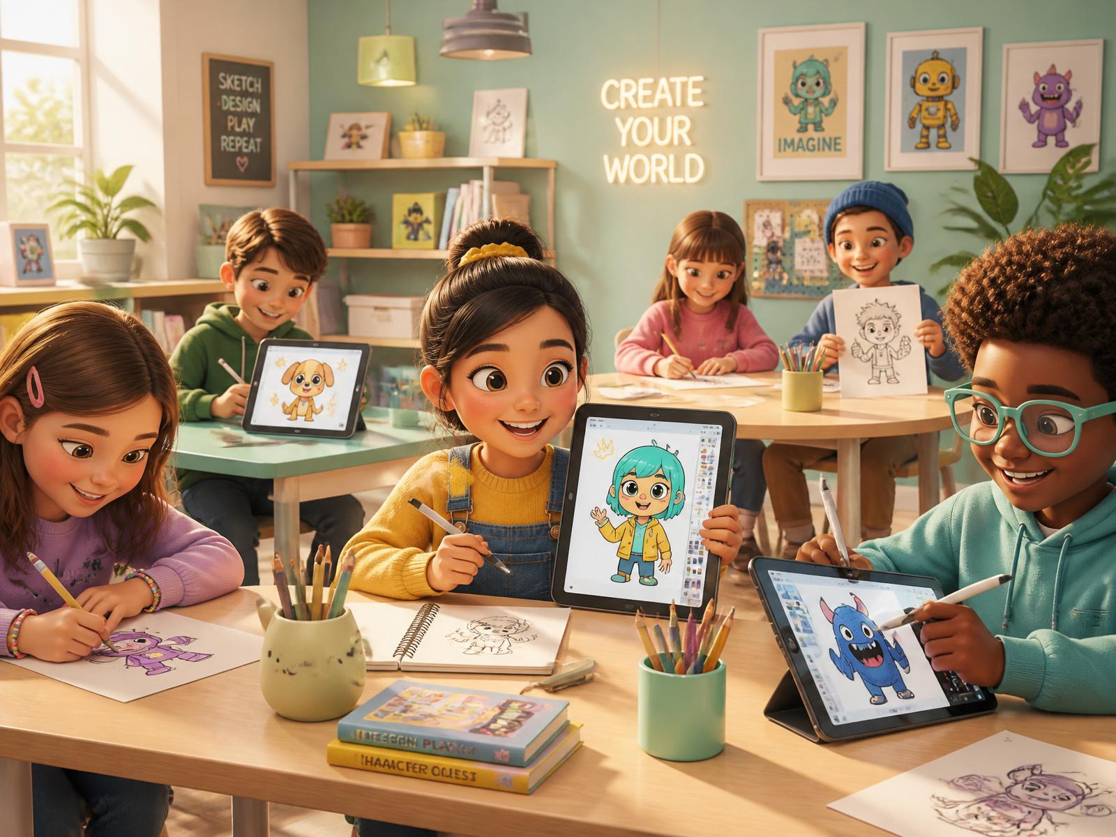 Diverse children ages 7 to 11 creating cartoons and stories together at a bright creative workshop
