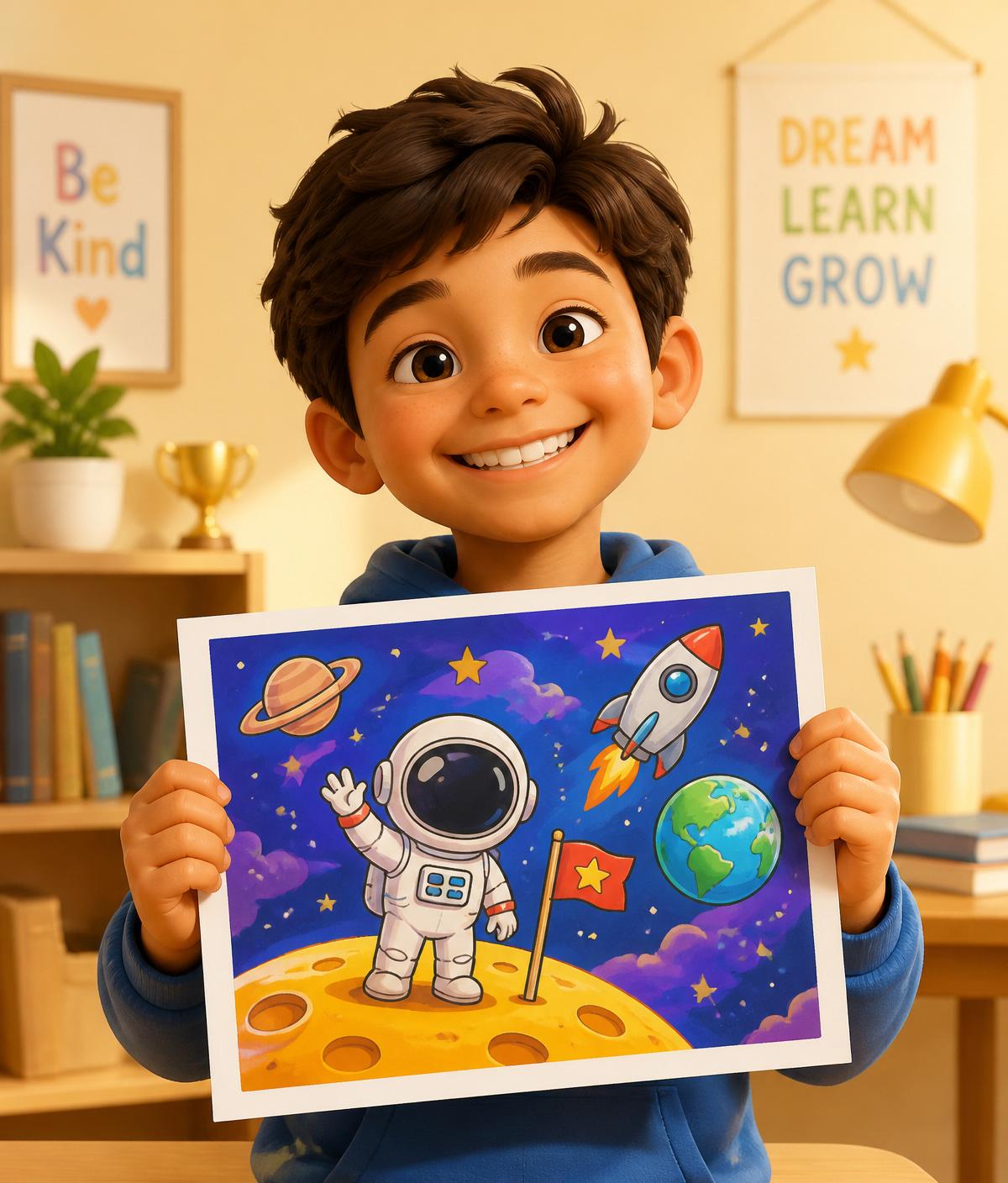 A proud child holding up the colourful cartoon artwork they created