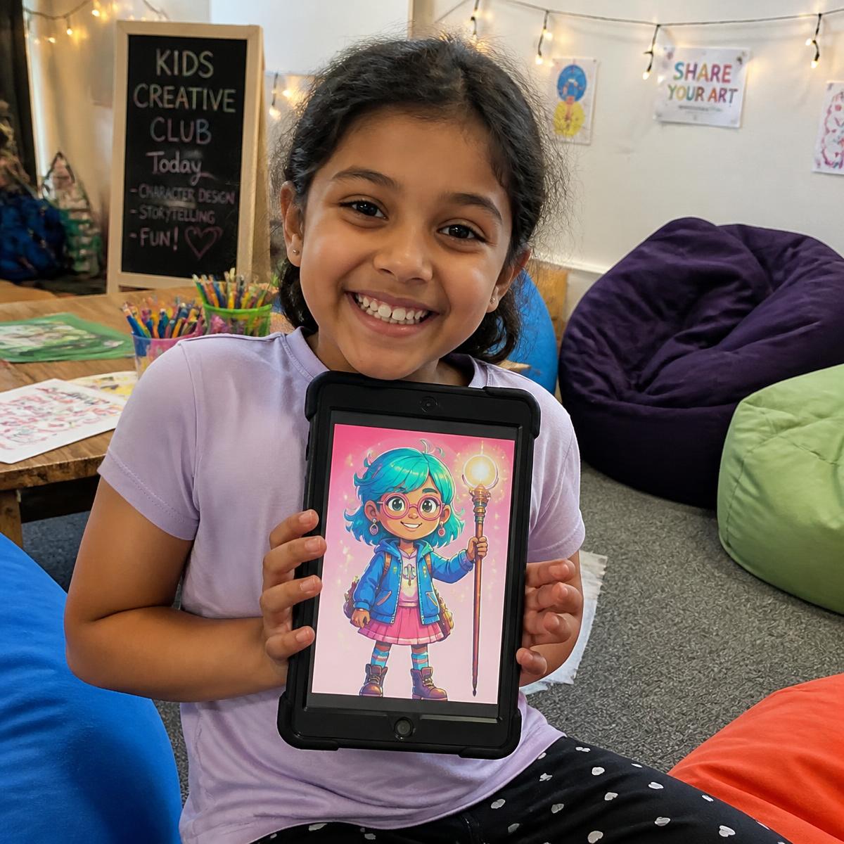 A proud child holding up an iPad showing the colourful game character they created with AI
